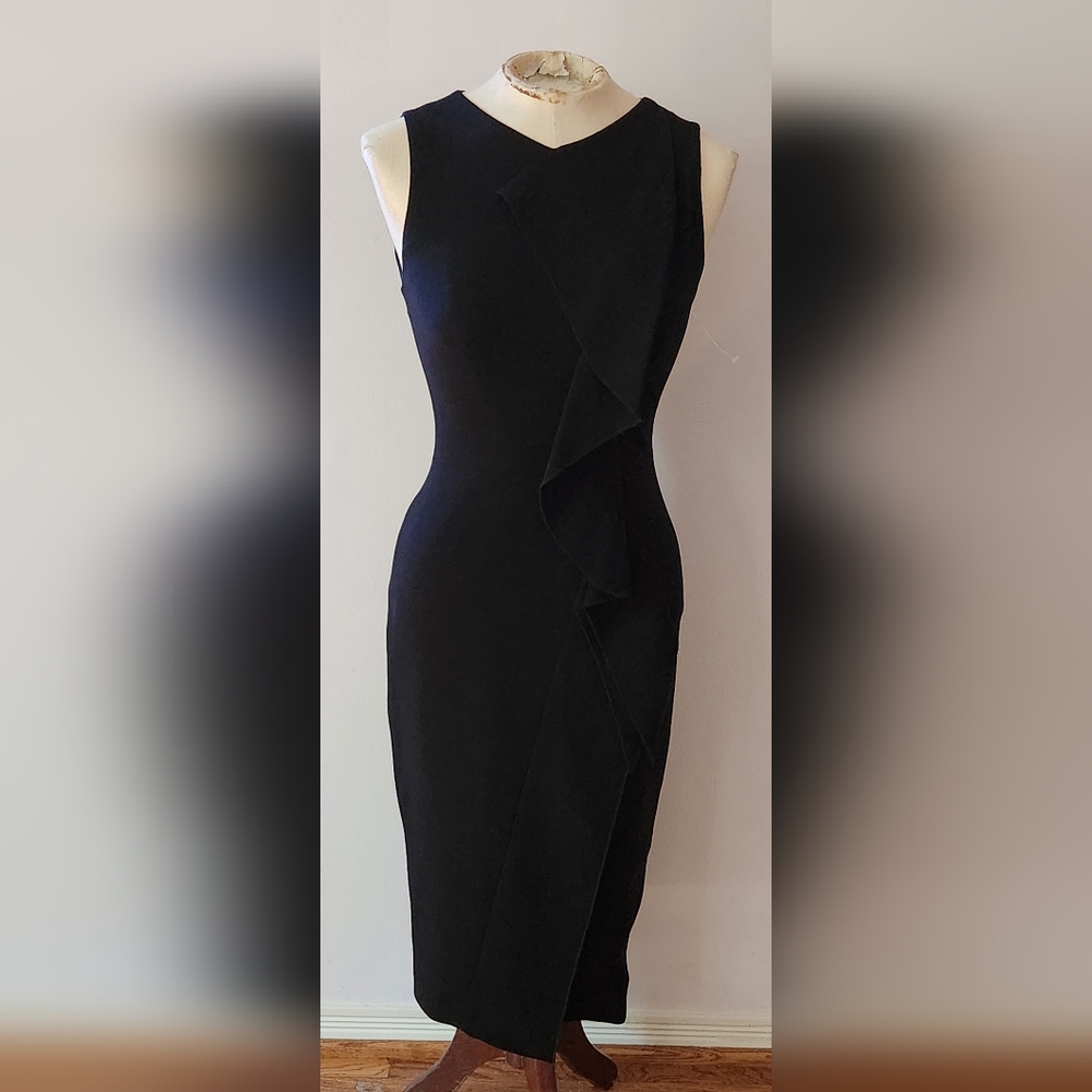 Karen Millen sleeveless, stretchy ruffle-front little Black Dress -- US Size 4